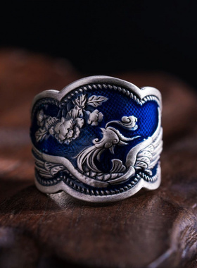 新款烧蓝工艺牡丹花凤凰民族风戒