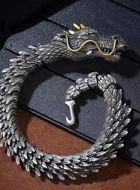 原创手工复古镀银龙头手链男士霸气个性潮收藏级饰品生日礼物