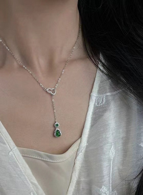 新款新中式双环绿色葫芦项链女轻