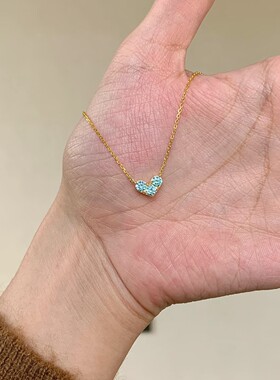 新款镶钻蓝色爱心项链女款锁骨链