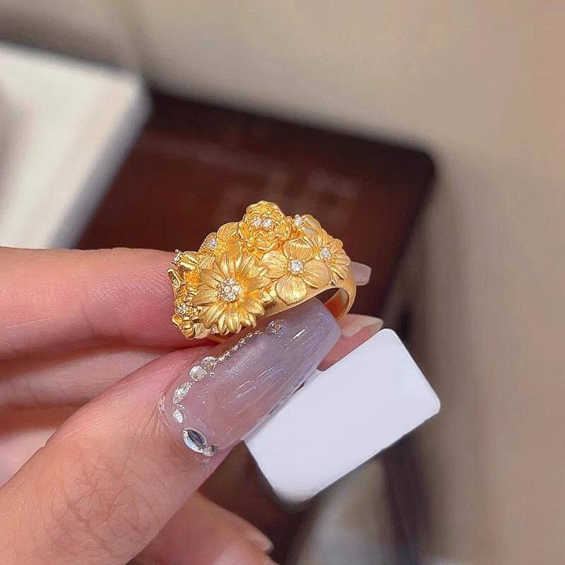 繁花锦簇~拉丝金色繁花戒指女轻奢高级感食指戒设计感小众