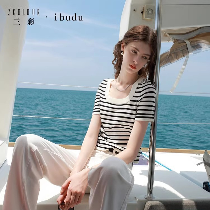 女神款2025夏季新款方领修身短款黑白条纹针织衫短袖上衣T恤薄女