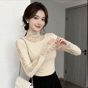 杏色减龄高领蕾丝拼接长袖打底衫女修身显瘦内搭磨毛保暖上衣小T
