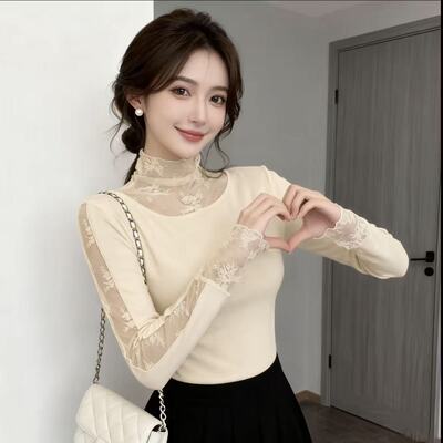 杏色高领蕾丝拼接打底衫保暖显瘦