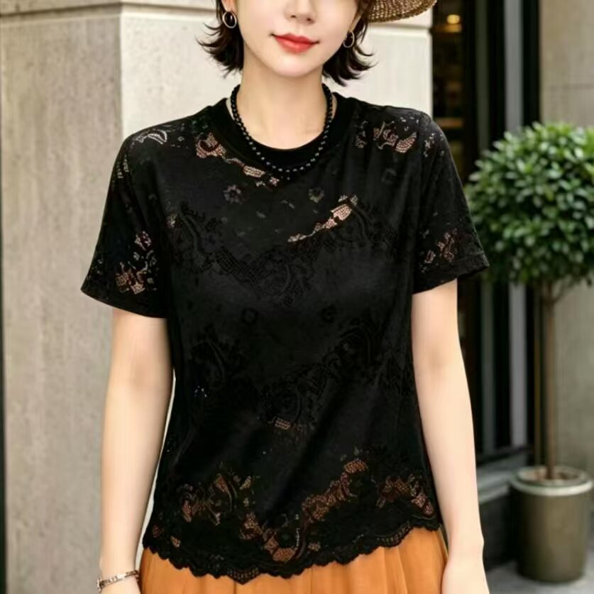 黑色蕾丝短袖女夏季纯色百搭薄款透气微透宽松遮肚子通勤休闲上衣