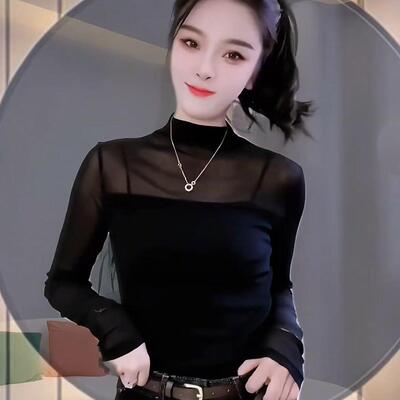 春季新款气质T恤长袖网纱半高领时尚黑色性感打底衫洋气薄款上衣