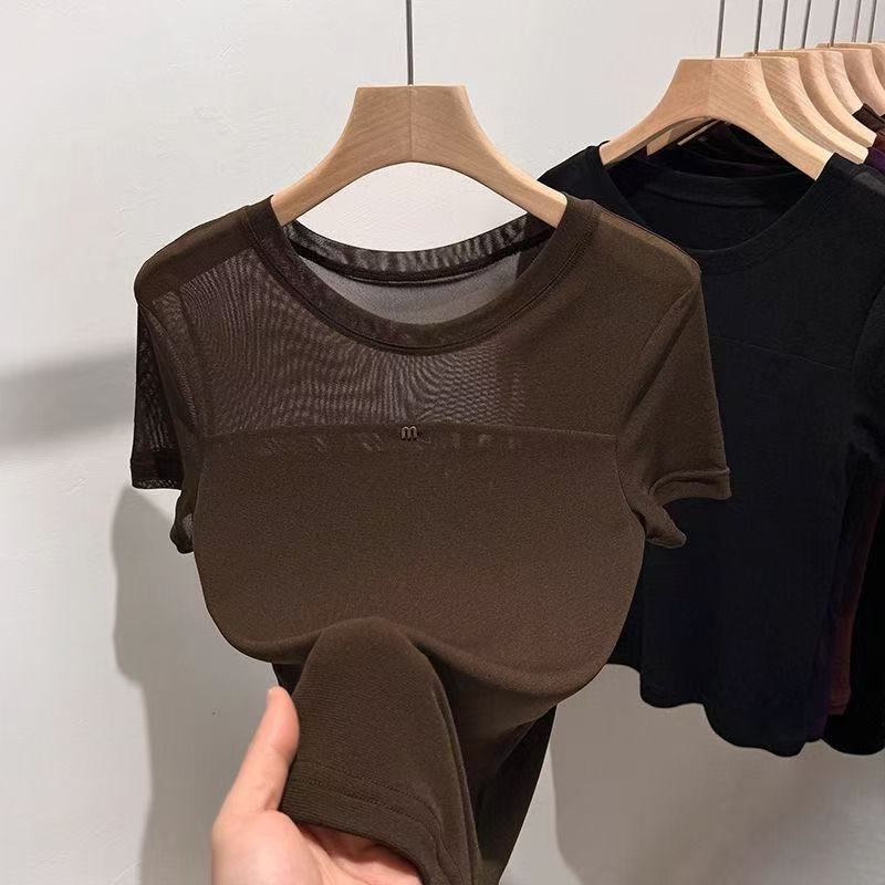 洋气圆领网纱打底衫女春秋内搭