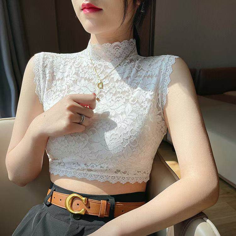 春秋内搭白色小半高领假领子女蕾丝假衣领冬季洋气软纱无袖打底衫