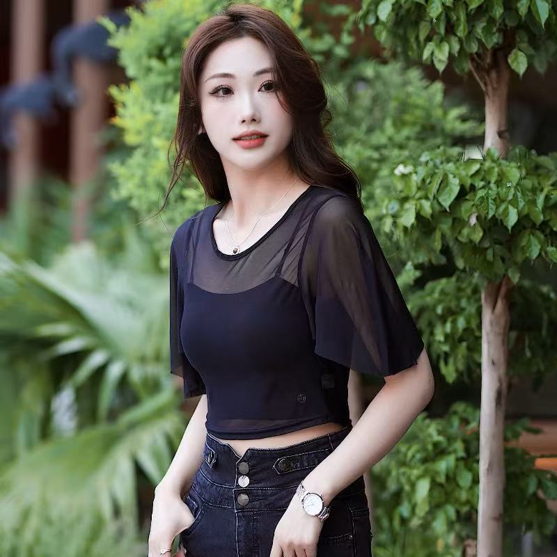 女神气质短袖上衣女夏季薄款网纱透视黑色性感T恤半截飞飞袖小衫