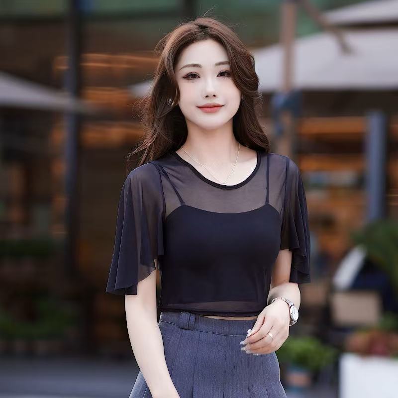 衫佩姿圓領(lǐng)半截蝙飛飛假領(lǐng)罩衫上衣新女裝2025春夏仙女超薄透視