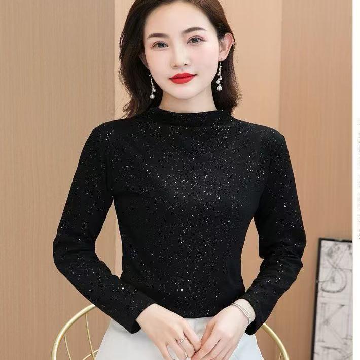 半高领网纱打底衫修身显瘦