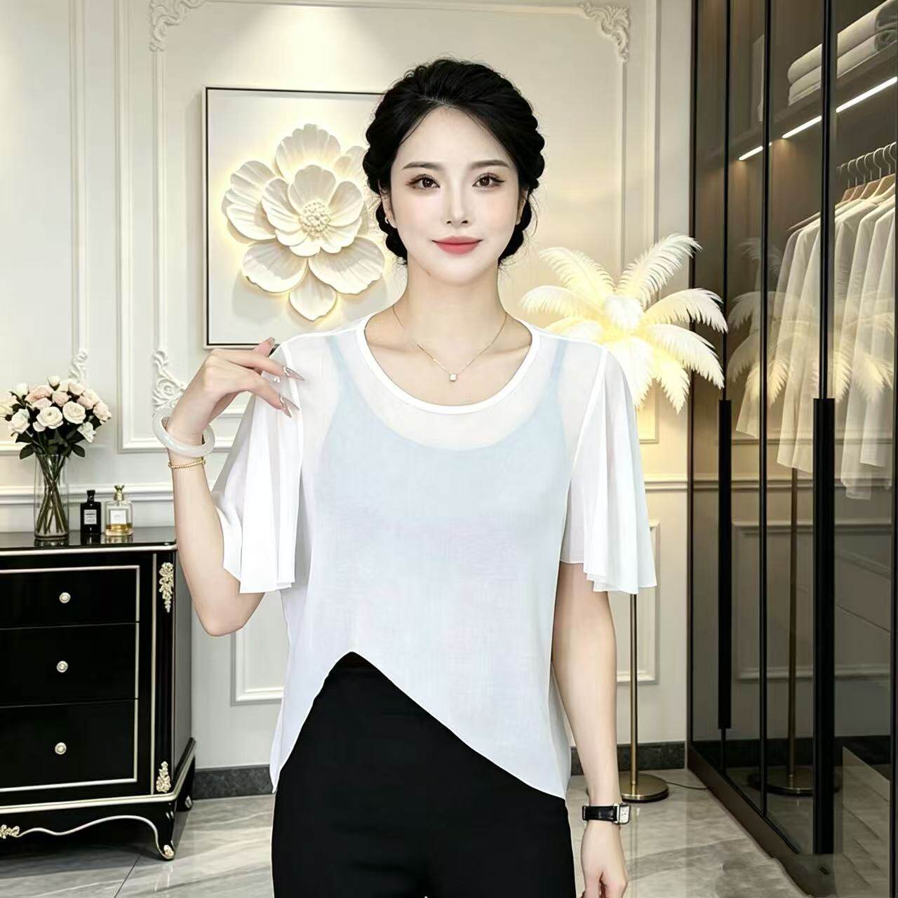 冰丝网纱防晒显瘦短袖T恤女薄款