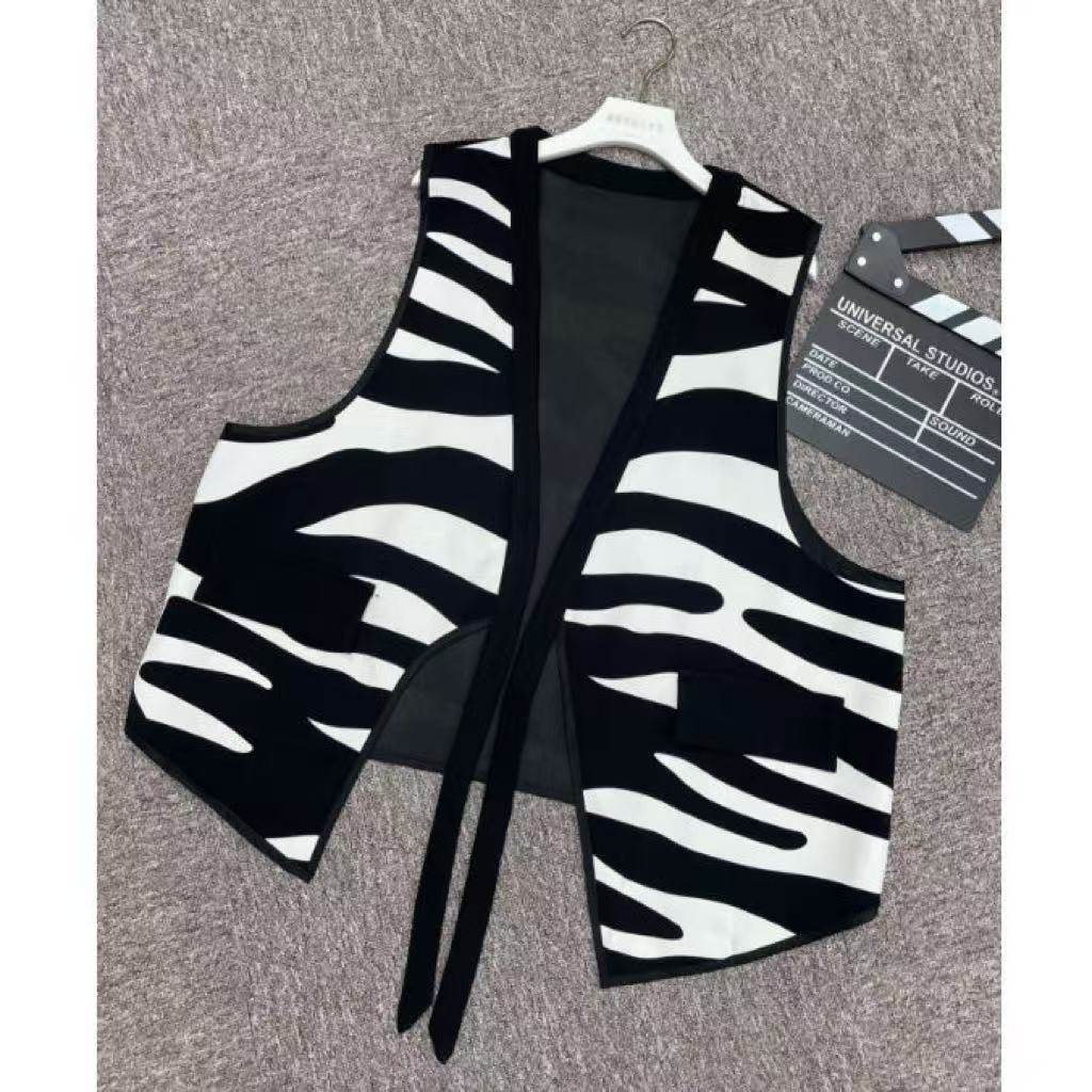 网红爆款马甲带系带无袖披肩休闲时尚斑马纹针织背心外穿叠穿衬衫