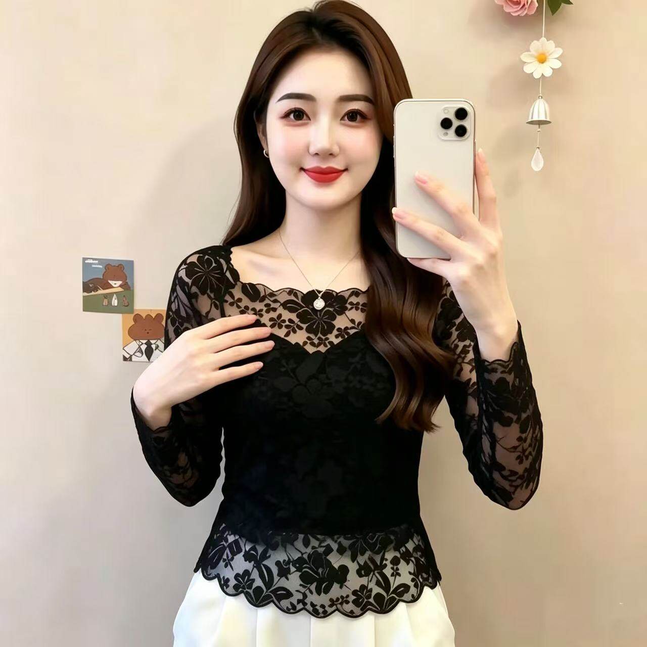 秋上新黑色方领蕾丝打底女波浪下摆长袖网纱上衣弹力显瘦叠穿内搭