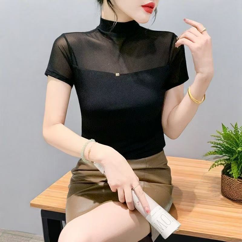 氣質冰絲網紗短袖純色夏季上衣