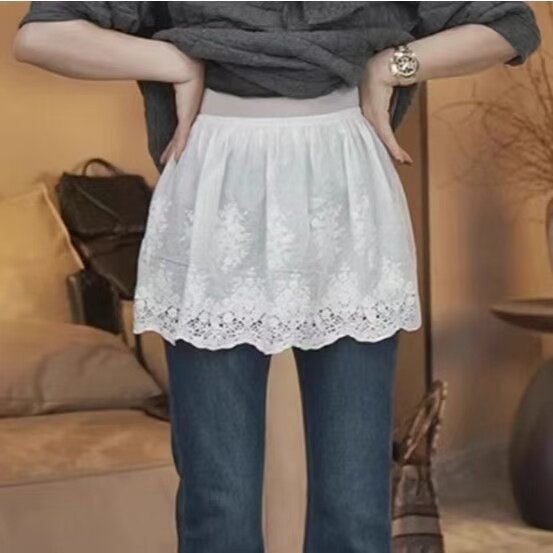 白色蕾丝A字半身裙女高腰显瘦防走光叠穿打底短裙花边大码屁帘子