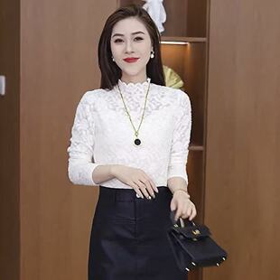 蕾丝提花半高领打底衫女秋冬季新款洋气时尚百搭长袖显气质上衣潮