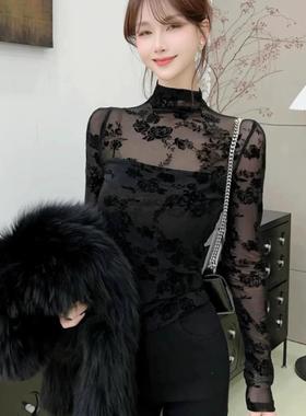 半高领蕾丝打底衫女春秋内搭网纱洋气上衣新款立体植绒长袖t恤女