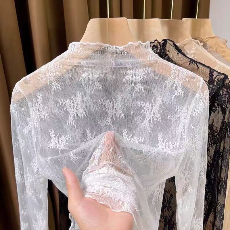 白色蕾丝高领透视网纱打底衫女