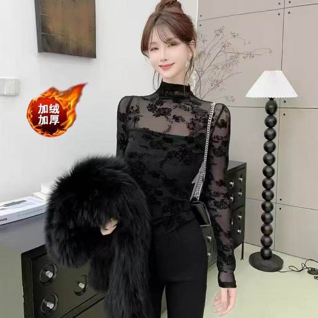 精品女装 半高领蕾丝打底衫女加绒修身显瘦性感网纱内搭长袖上衣,女装/女士精品,蕾丝衫/雪纺衫,淘宝优惠券,粉丝福利购,淘宝优惠卷