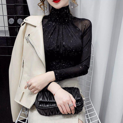 名媛气质高领蕾丝打底衫女