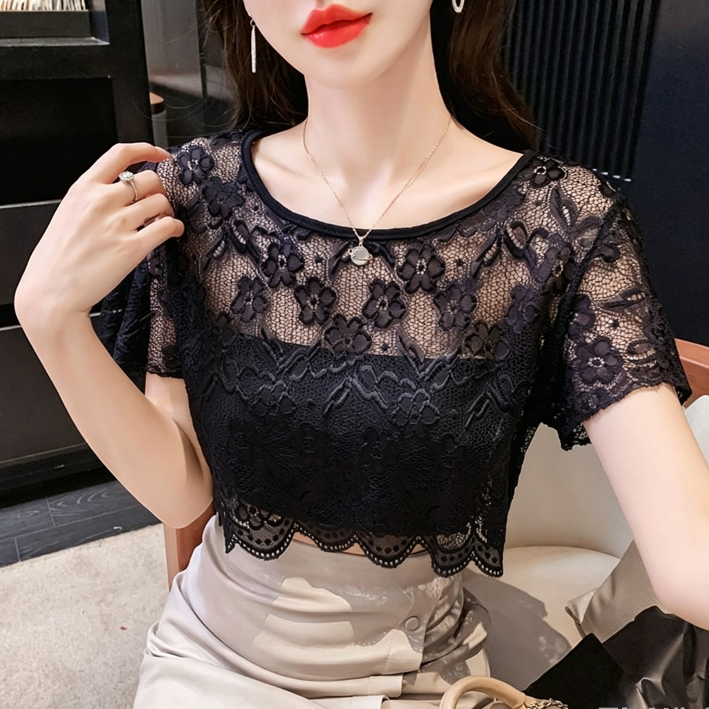 时尚百搭超薄透视网纱T恤女夏季圆领半截短袖性感蕾丝短款小罩衫