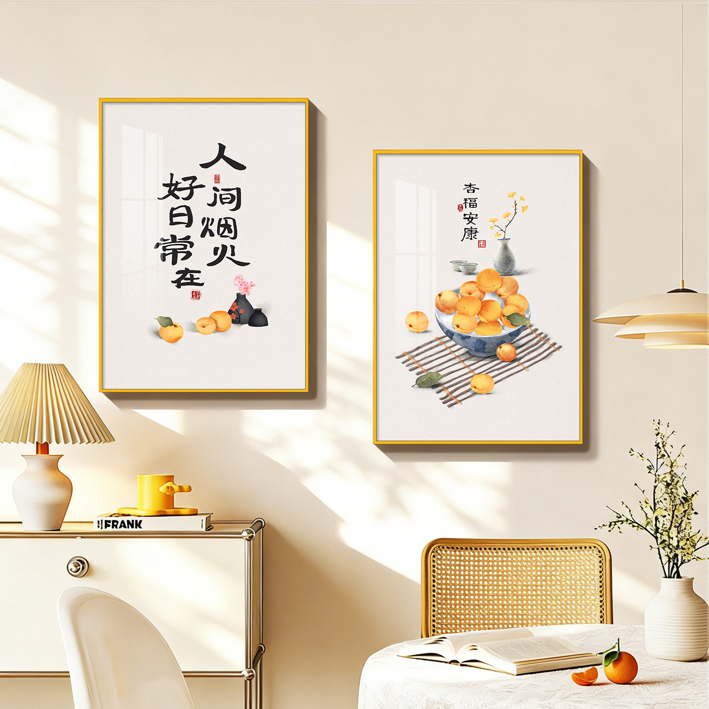 新中式餐厅装饰画2026新款餐桌背景墙两联挂画厨房吃饭厅墙面壁画