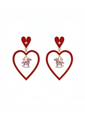 星运福马珐琅爱心耳环女耳坠小马马年新年红色心形耳饰