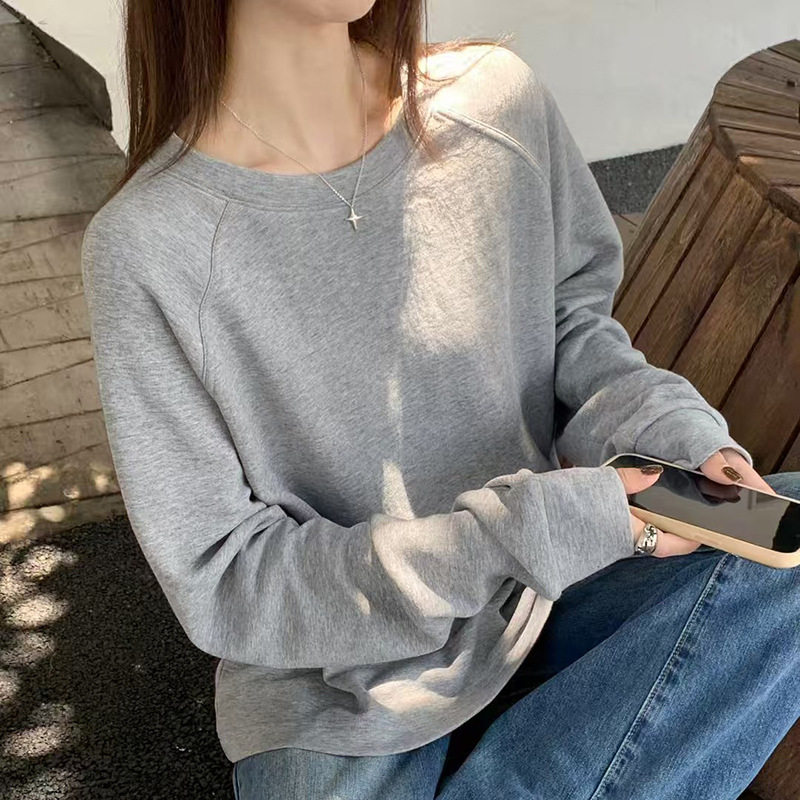 秋季新款纯色圆领宽松韩范显瘦慵懒风学生短款纯棉长袖T恤上衣女