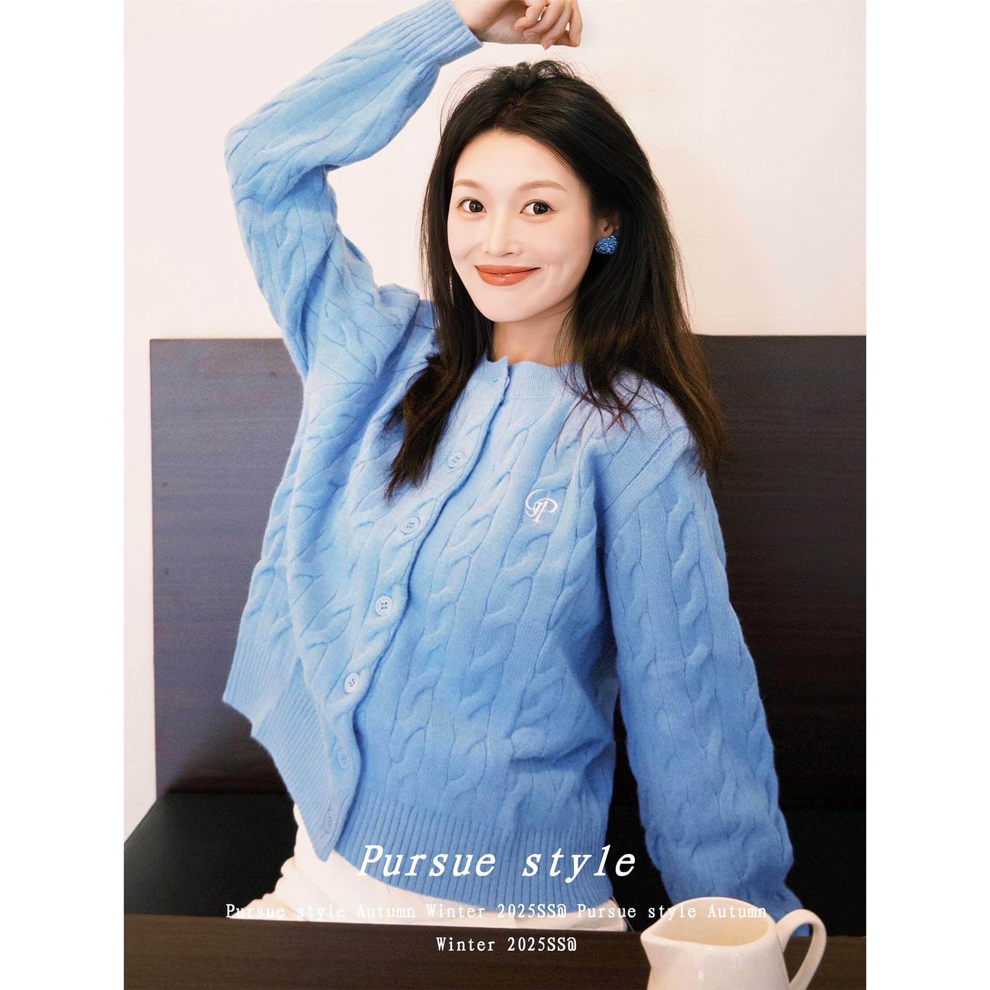 【蔚然心境】蓝色麻花毛衣外套女秋冬圆领针织开衫休闲百搭上衣潮