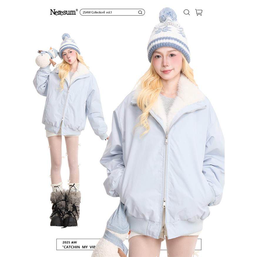 NERESUM冬季羊羔绒立领棉服女潮牌宽松百搭慵懒加厚保暖棉衣外套