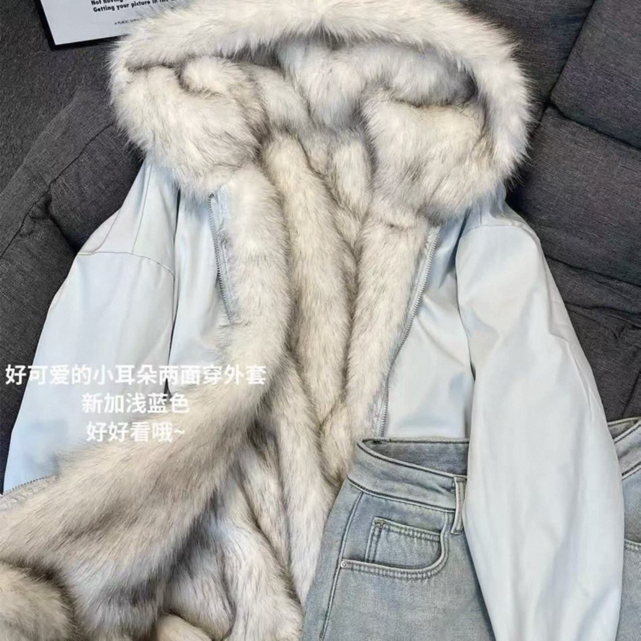 双面穿皮毛一体座山雕耳朵连帽外套女秋冬新款宽松毛茸茸保暖棉服