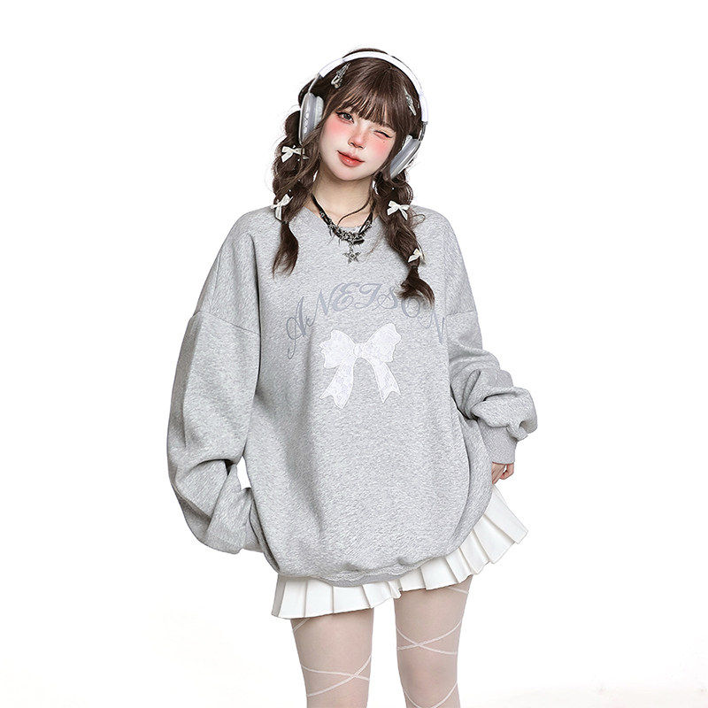 灰色蝴蝶结刺绣圆领厚棉T女春季新款2025无帽韩系休闲 宽松长袖上