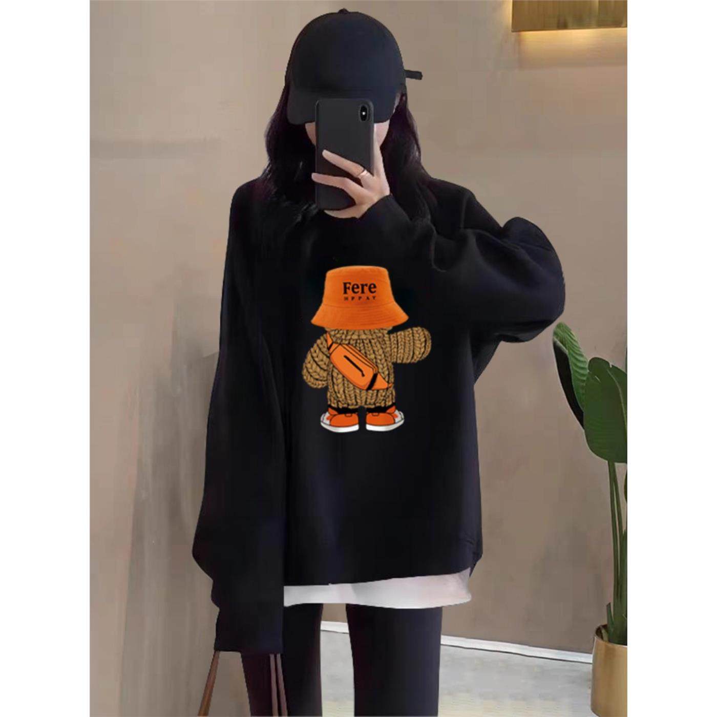 假两件圆领卫衣女装2025秋冬新款韩版宽松中长款加绒加厚无帽上衣