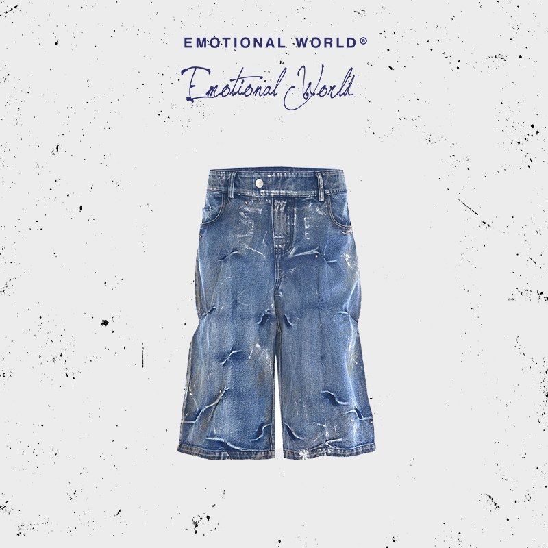 Emotional world2025春夏新款水洗做旧美式街头五分牛仔短裤宽松