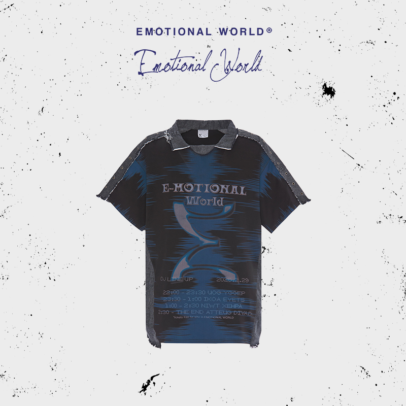 Emotional world2025春夏新款潮流复古翻领拼接印花T恤