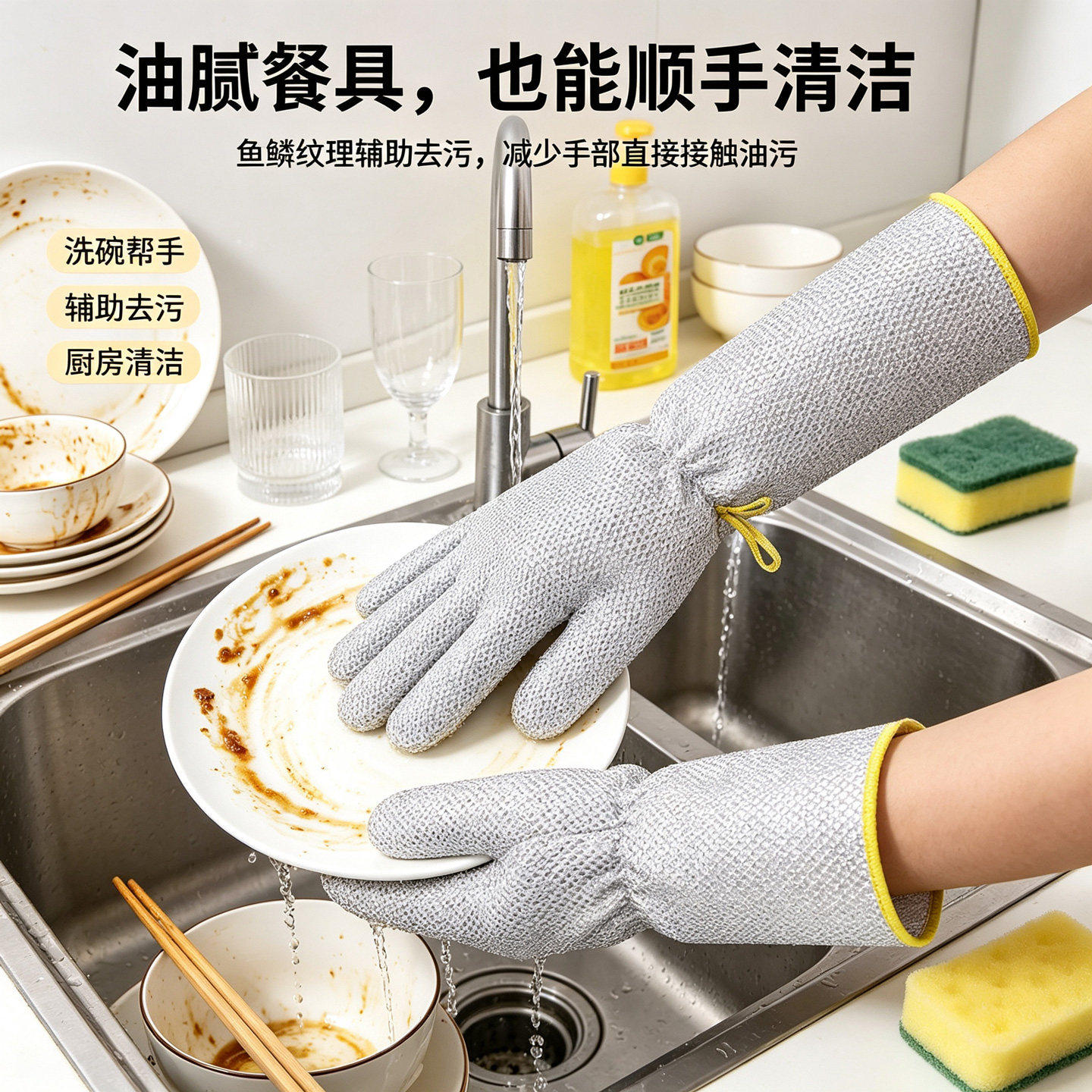 钢丝洗碗手套加长防水