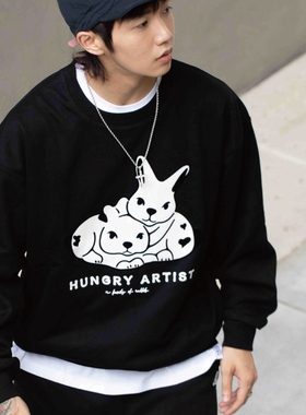 【特价一价清仓】中国风情侣兔子植绒卫衣男女潮宽松重磅圆领卫衣