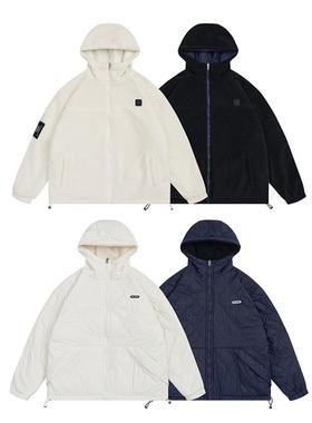 Hungry Artist冬款两面穿羊羔绒连帽棉服男装纯色保暖宽松外套女