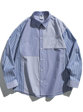 Hungry Artist日系复古休闲拼接条纹衬衫个性山系cityboy衬衣外套