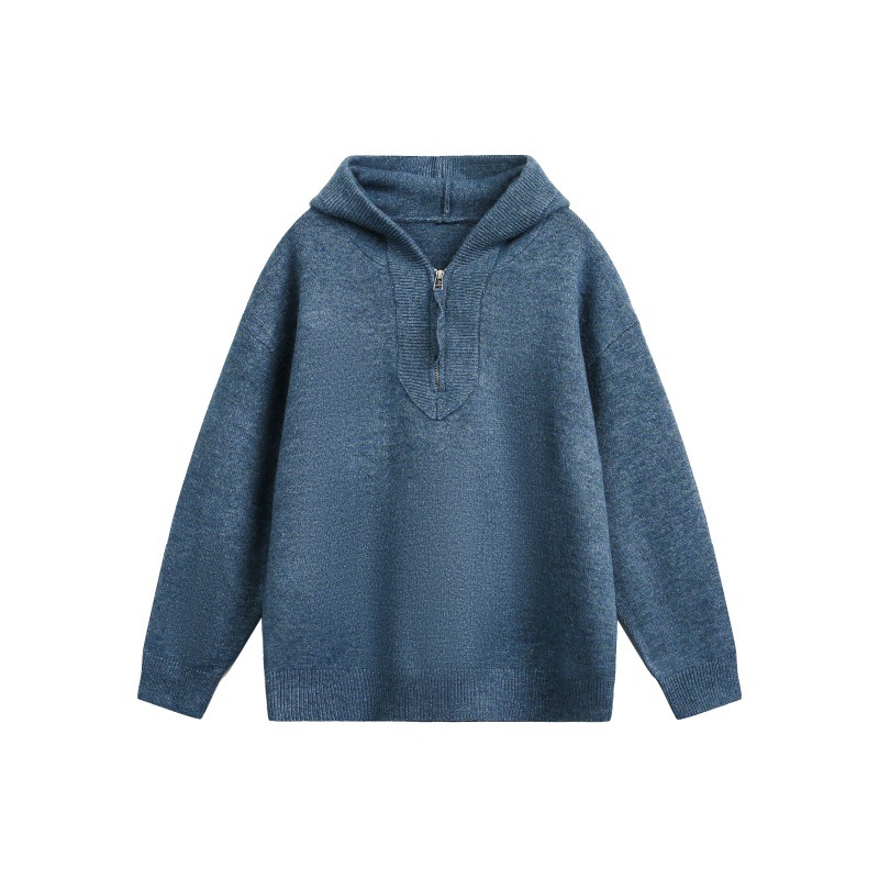 复古半拉链设计男宽松连帽针织衫