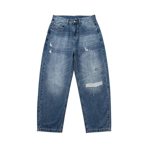 复古猫须洗水破洞补丁牛仔裤