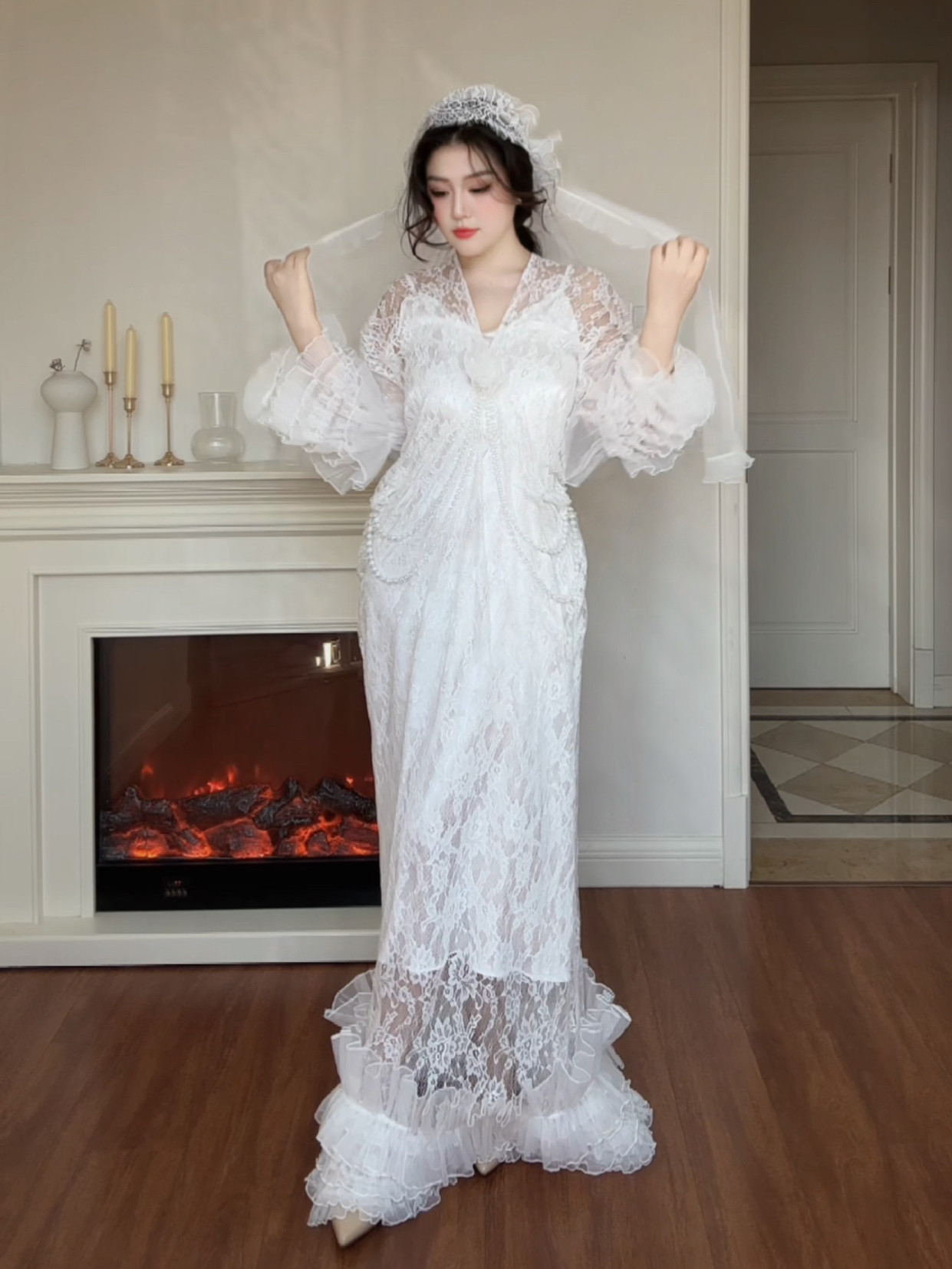 胖mm大码晨袍蕾丝轻婚纱高级感轻奢小众主持人年会晚礼服连衣裙女