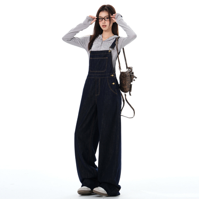 BRN美式复古原色直筒背带裤女甜美休闲宽松阔腿工装款连体裤