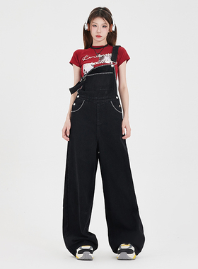 【BRN官方店】新款国潮网红牛仔背带裤女秋季黑色阔腿百搭连体裤