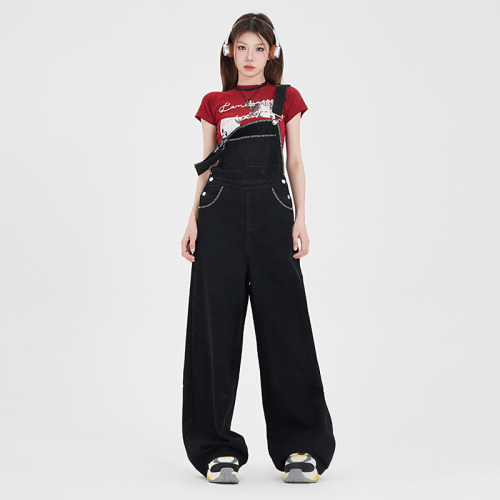 【BRN官方店】新款国潮网红牛仔背带裤女秋季黑色阔腿百搭连体裤