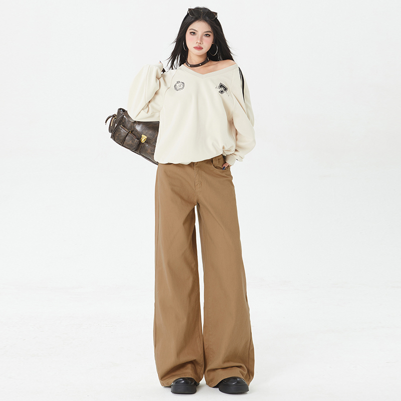 BRN美式小众高级感拿铁宽松阔腿裤女2025春秋棕纯色拖地裤牛仔裤