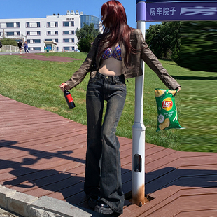 显瘦拖地长裤 BRN美式 设计感修身 2025春秋新款 辣妹低腰微喇牛仔裤