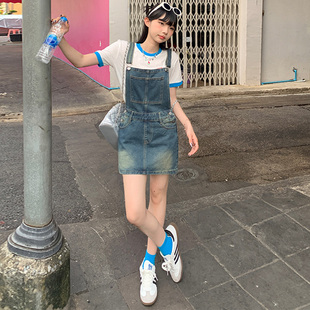 BRN春夏新品美式复古牛仔裤甜辣妹牛仔背带裙修身显瘦百搭连衣裙