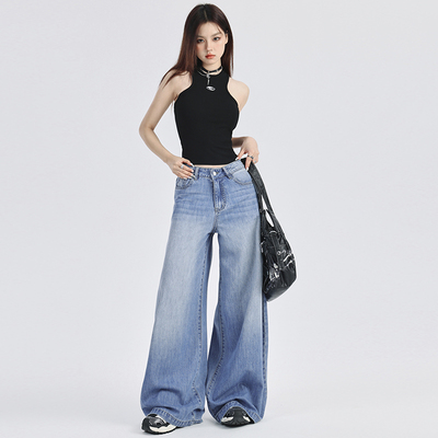 BRN新款美式高街宽松阔腿牛仔裤女高腰显瘦慵懒拖地裤直筒裤子